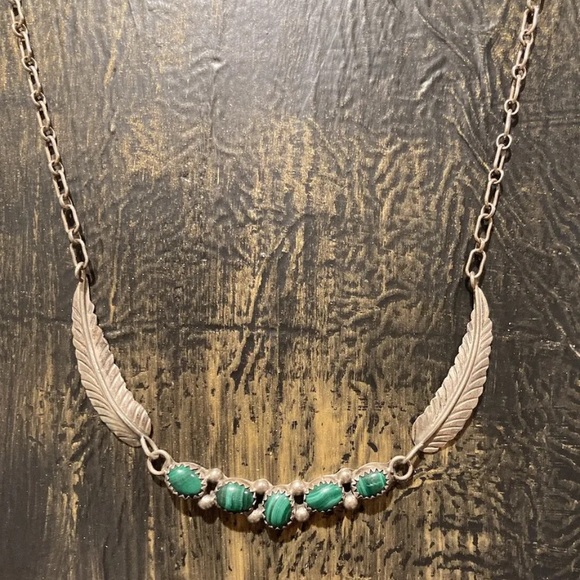 Vintage Jewelry - Vintage Sterling Silver & Malachite Native American Jewelry Necklace-signed